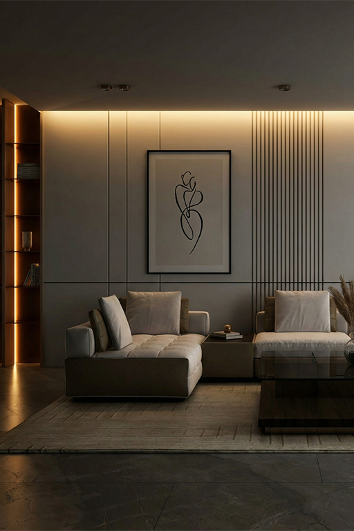 Modern luxury living room with warm lighting